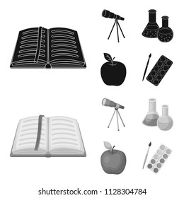 An open book with a bookmark, a telescope, flasks with reagents, apple. Schools and education set collection icons in black,monochrome style vector symbol stock illustration web.