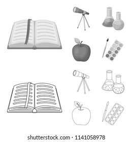 An open book with a bookmark, a telescope, flasks with reagents, a red apple. Schools and education set collection icons in outline,monochrome style vector symbol stock illustration web.