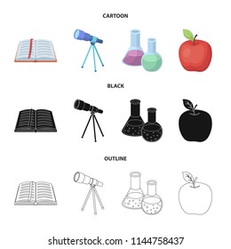 An open book with a bookmark, a telescope, flasks with reagents, a red apple. Schools and education set collection icons in cartoon,black,outline style vector symbol stock illustration web.