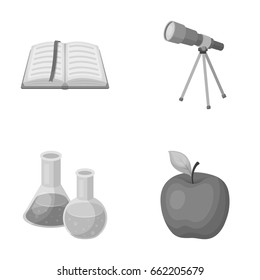 An open book with a bookmark, a telescope, flasks with reagents, a red apple. Schools and education set collection icons in monochrome style vector symbol stock illustration web.
