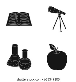 An open book with a bookmark, a telescope, flasks with reagents, a red apple. Schools and education set collection icons in black style vector symbol stock illustration web.