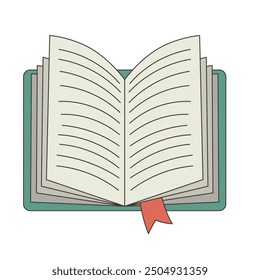 Open book with bookmark. Top view. Flat style, children's illustration on white background.