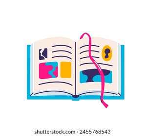 Open book with bookmark vector illustration isolated on white background. Schoolbook design.