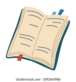 Open book with bookmarks. Colored notebook with stickers isolated on white background. Textbook or organizer in hardcover. Hand draw vector illustration.