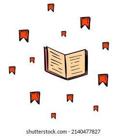 Open book with bookmarks vector sketch set. Book pages hand drawn graphic illustration. Notes icons
