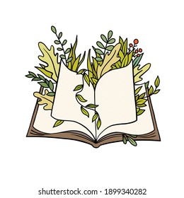 Libro abierto con elementos botánicos dibujados a mano