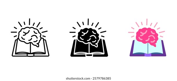 Open book with brain icon. Brainstorming sign. Learning science or literature symbol. Reading illustration. Education pictogram.