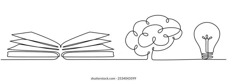 Abra el libro, el cerebro y la línea continua de la bombilla dibujada. Concepto de idea creativa. Ilustración vectorial aislada en blanco.