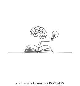 Un libro abierto con un cerebro y una bombilla en un dibujo de línea continua