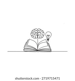 Un libro abierto con un cerebro y una bombilla dibujados en un estilo de línea continua