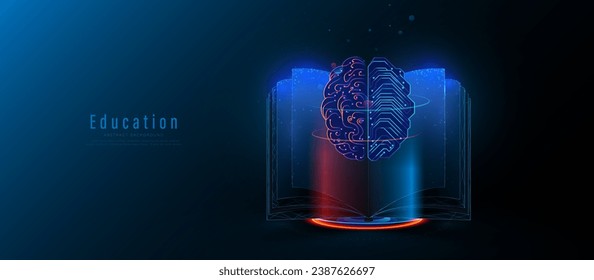 Open book with a brain on top. Artificial intelligence. Technology learning, knowledge, education concept