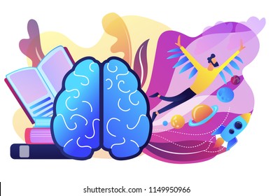 Open book, brain and user flying in space among planets. Imagination and vision, creative thinking, ideas and fantasy, motivation and inspiration concept, violet palette. Vector isolated illustration.