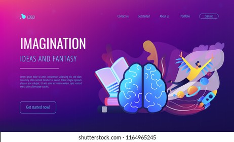 Open book, brain and user flying in space among planets. Imagination, ideas and fantasy landing page. Creative thinking, motivation and inspiration. Vector illustration on ultraviolet background.