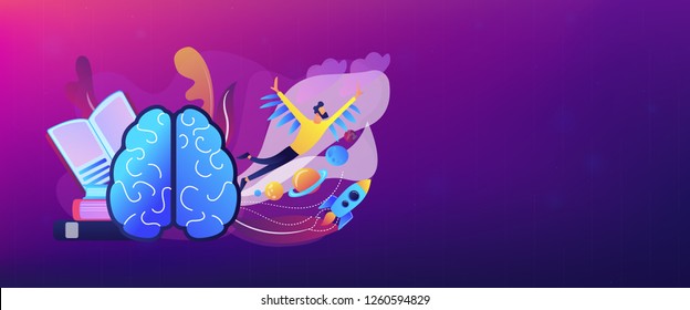 Open book, brain and user flying in space among planets. Imagination, ideas and fantasy landing page. Creative thinking, motivation and inspiration. Header or footer banner template.
