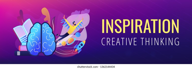 Open book, brain and user flying in space among planets. Imagination, ideas and fantasy landing page. Creative thinking, motivation and inspiration. Header or footer banner template.