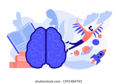 Open book, brain and user flying in space among planets. Imagination and vision, creative thinking, ideas and fantasy, motivation and inspiration concept. Vector isolated illustration.