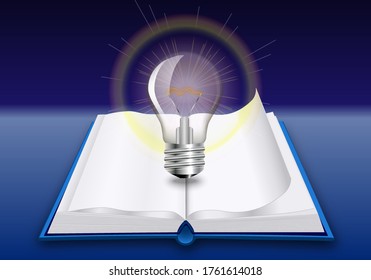 Open book with bright glowing light bulb above on blue background. Education, idea and insight concept. Realistic design. Vector illustration.