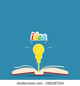 Open book and bright glowing light bulb on blue background. Education, idea and insight concept. Flat design. Vector illustration. EPS 8