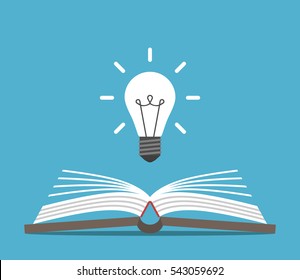 Open Book And Bright Glowing Light Bulb On Blue Background. Education, Idea And Insight Concept. Flat Design. Vector Illustration. EPS 8, No Transparency