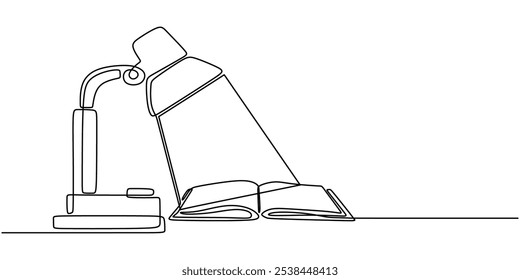 Open book with a bright lamp above it illustrated in continuous one line drawing. Symbol of enlightenment and education time concept.