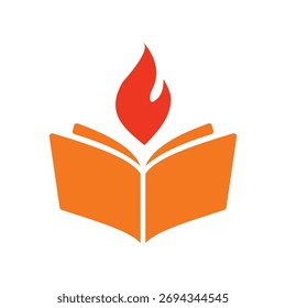 An open book with bright orange pages and a stylized red flame emanating from its center, symbolizing knowledge or inspiration.