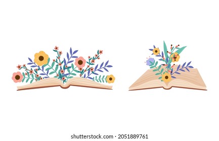 Open Book in Brown Hard Cover with Floral Composition Vector Set