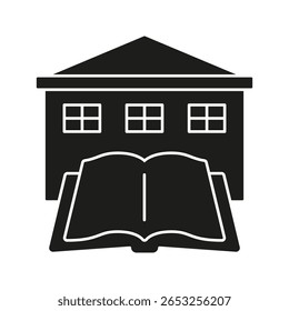 Open Book And Building Solid Icon. Education, Learning, And Library Silhouette Symbol. Knowledge And Academic Institution Representation. Isolated Vector Illustration.