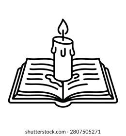 Open Book with Burning Candle Line Art Icon – Minimalist Reading and Knowledge Concept
