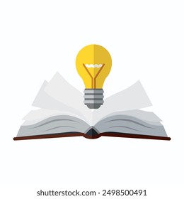 Un libro abierto con una bombilla encendida. Un símbolo de aprendizaje y educación. Libro de texto, cuaderno. Ilustración vectorial aislada en un fondo blanco para el diseño y el Web.