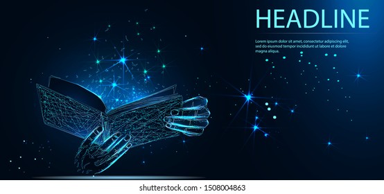 Open book bursting with light in human hands. Vector illustration. Headline