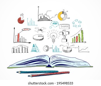 Open book business doodle concept with charts lightbulb idea symbol vector illustration