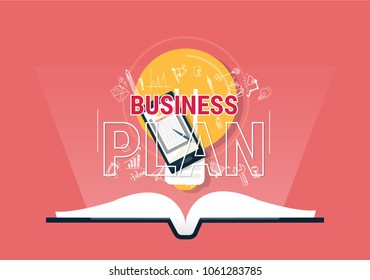 open book with Business plan Flat vector illustration, business plan background.