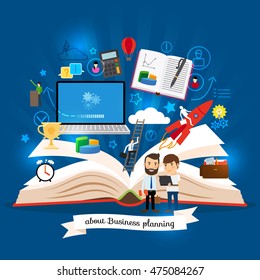 Open book with business strategy or business plan concept. Charts, graphs and business people above book vector illustration