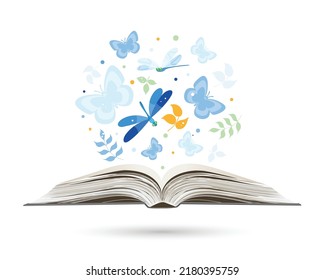 Open book with butterflies flying from it