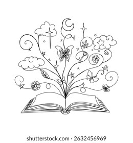 Open book with butterflies, stars and clouds in continuous one line art style. Children's fantasy storybook. Simple vector illustration
