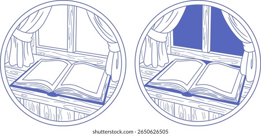 Uma ilustração simples de um livro aberto por uma janela, representando a ideia de que os livros são janelas para o conhecimento.