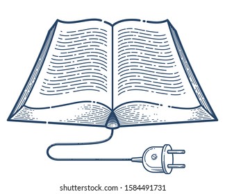 Open book with cable plug vector linear icon, electronic book concept line art symbol or logo, e-book, education and literature reading library.