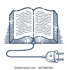 Open book with cable plug vector linear icon, electronic book concept line art symbol or logo, e-book, education and literature reading library.