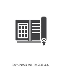 An open book with a calendar and pencil vector icon. filled flat sign for mobile concept and web design. Write Diary glyph icon. Symbol, logo illustration. Vector graphics