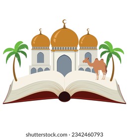 Open book with camel and palm trees on white background. Vector illustration.