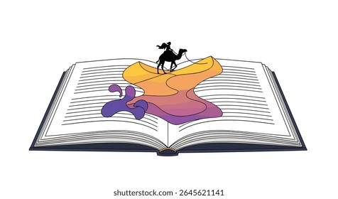Um livro aberto com uma silhueta de camelo no topo de um mapa