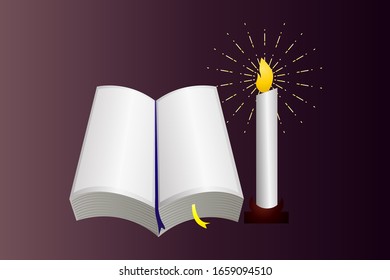 Open book with a candle illustration . suitable for designs related to science and religion