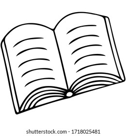 Open book in cardboard binding. Educational literature. Art edition from the library. Vector illustration in doodle style. Contour on an isolated white background. Sketch. Business brochure.
