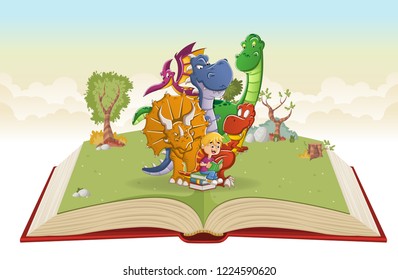 Open book with cartoon boy reading a book to big dinosaurs