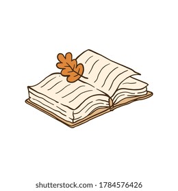 Open book cartoon icon with bookmark of autumn leaf, sketch vector illustration isolated on white background. Home relaxation and cozy domestic life sign or symbol.