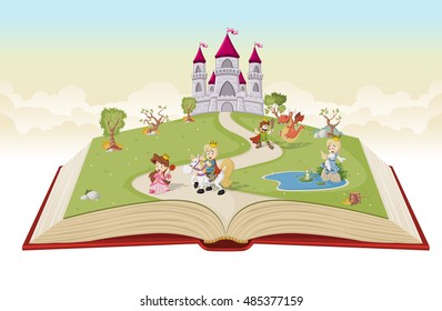 Open book with cartoon princesses and princes in front of a castle.

