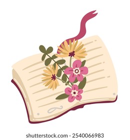 Livro aberto com flores amarelas e cor-de-rosa de desenho animado como marcador. Engraçado diário, jornal ou biblioteca livro romance com texto em páginas. Leitura, mascote sonhando, buquê de desenhos animados e ilustração vetorial da literatura