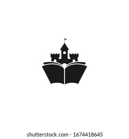 Open book with castle. Isolated on white background. Flat icon. Vector illustration. Magic, creative reading logo. Fairytale pictogram. Book for kids.