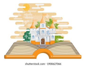 Libro abierto y castillo. Aislado sobre fondo blanco. Ilustración vectorial.
