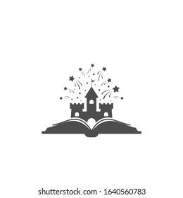 Open book with castle and stars or fireworks flying out. Isolated on white background. Flat icon. Vector illustration. Magic, creative reading logo. Fairytale pictogram. Book for kids.